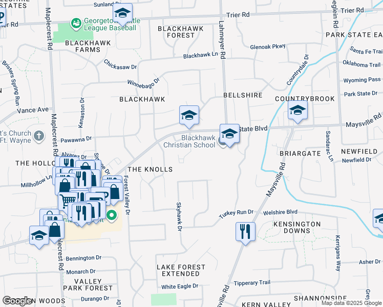 map of restaurants, bars, coffee shops, grocery stores, and more near 7200 East State Boulevard in Fort Wayne