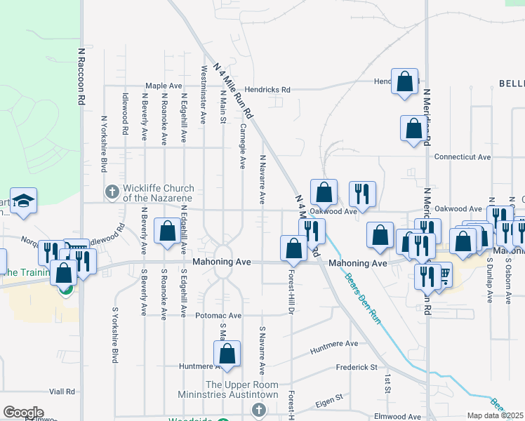 map of restaurants, bars, coffee shops, grocery stores, and more near 4001 Oakwood Avenue in Austintown