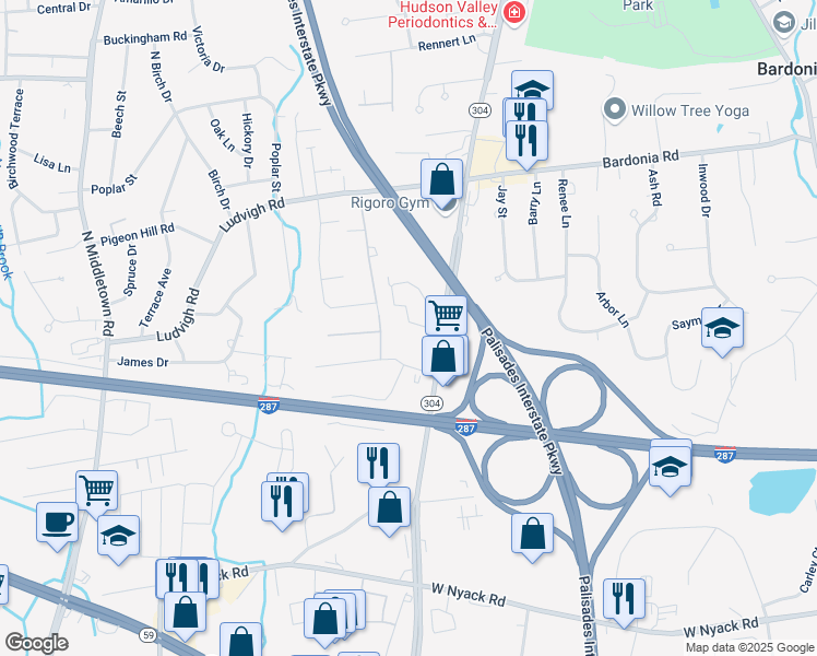 map of restaurants, bars, coffee shops, grocery stores, and more near 64 Dustman Lane in Bardonia