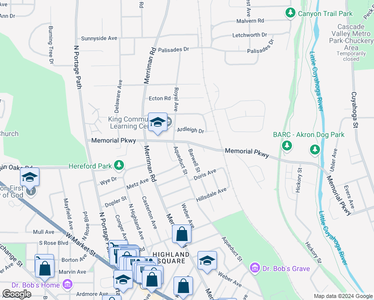 map of restaurants, bars, coffee shops, grocery stores, and more near 564 Barwell Street in Akron