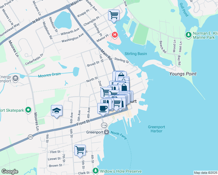 map of restaurants, bars, coffee shops, grocery stores, and more near 433 1st Street in Greenport