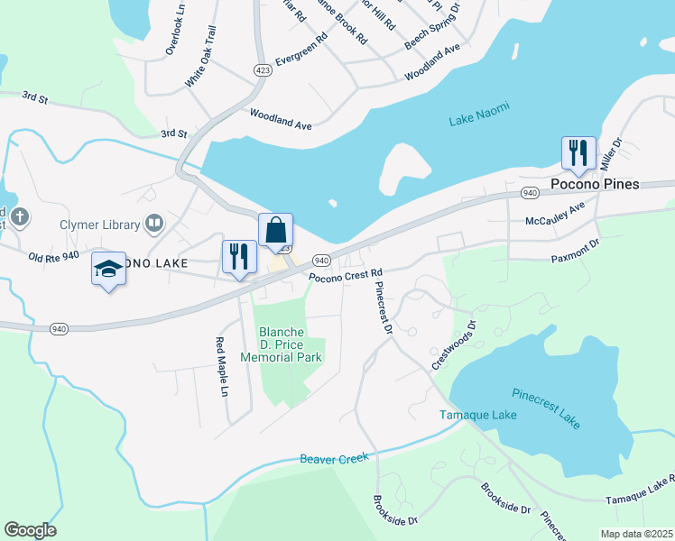 map of restaurants, bars, coffee shops, grocery stores, and more near 5123 Pocono Crest Road in Pocono Pines