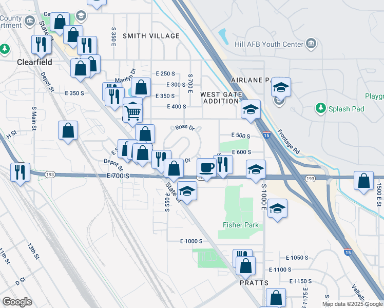 map of restaurants, bars, coffee shops, grocery stores, and more near 181 East Ross Drive South in Clearfield