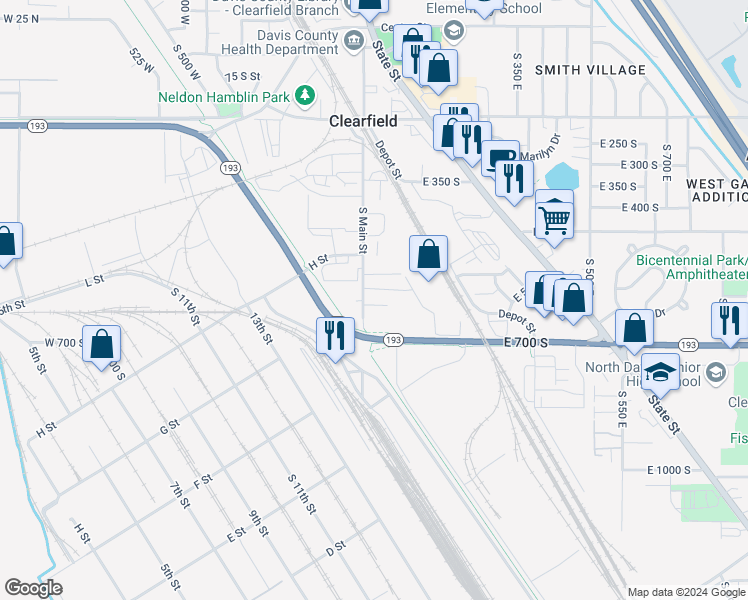 map of restaurants, bars, coffee shops, grocery stores, and more near 642 South Main Street in Clearfield