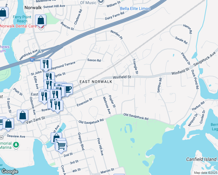 map of restaurants, bars, coffee shops, grocery stores, and more near 5 Poplar Street in Norwalk