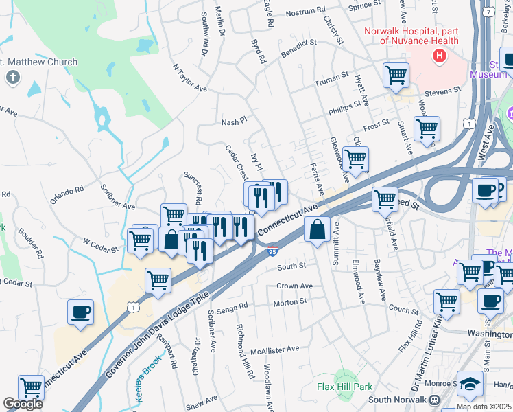 map of restaurants, bars, coffee shops, grocery stores, and more near 151 West Cedar Street in Norwalk