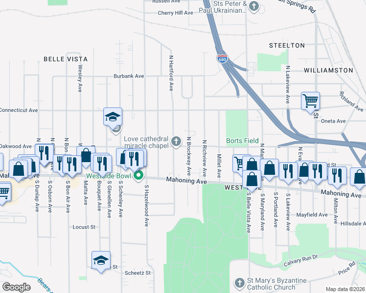 map of restaurants, bars, coffee shops, grocery stores, and more near in Youngstown