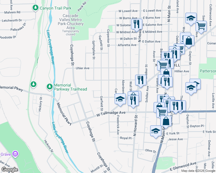 map of restaurants, bars, coffee shops, grocery stores, and more near 703 Carpenter Street in Akron
