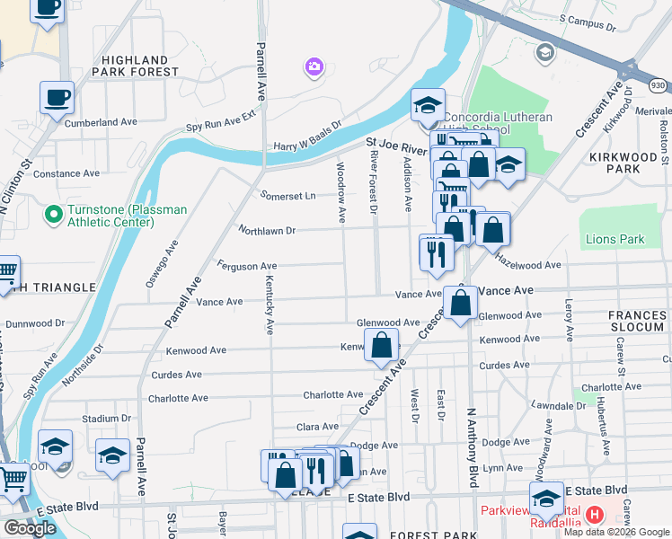map of restaurants, bars, coffee shops, grocery stores, and more near 3107 Woodrow Avenue in Fort Wayne