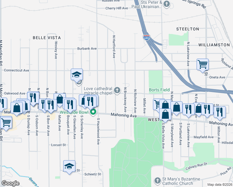 map of restaurants, bars, coffee shops, grocery stores, and more near 58 North Hartford Avenue in Youngstown