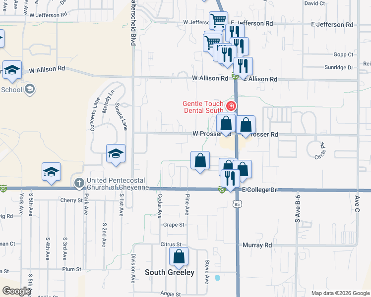 map of restaurants, bars, coffee shops, grocery stores, and more near 1401 Karen Place in Cheyenne