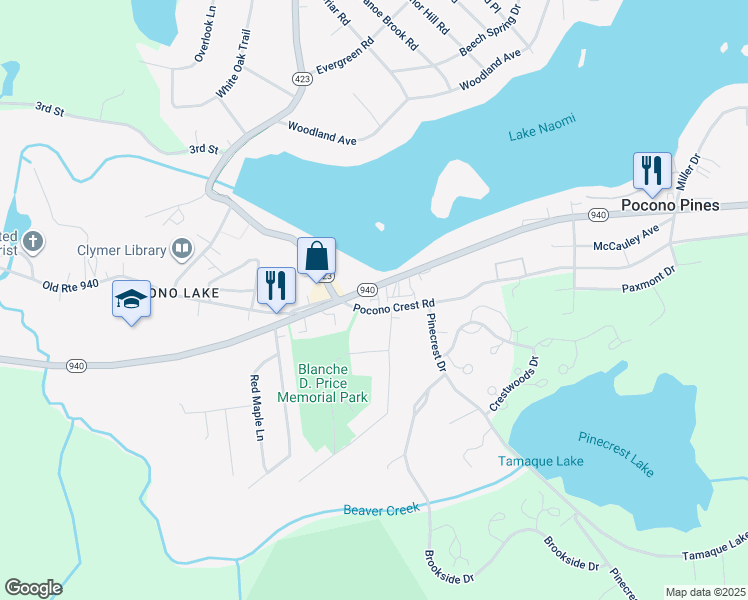map of restaurants, bars, coffee shops, grocery stores, and more near 5119 Pocono Crest Road in Pocono Pines