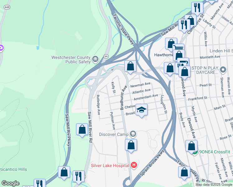 map of restaurants, bars, coffee shops, grocery stores, and more near 148 Atlantic Avenue in Hawthorne