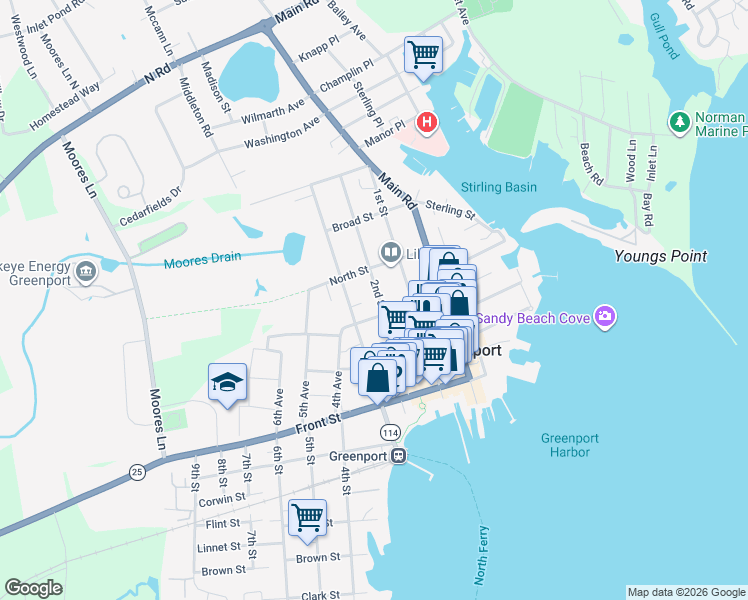 map of restaurants, bars, coffee shops, grocery stores, and more near 415 2nd Street in Greenport