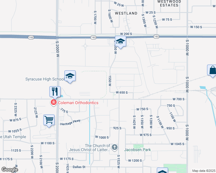 map of restaurants, bars, coffee shops, grocery stores, and more near 602 South 1550 West in Syracuse