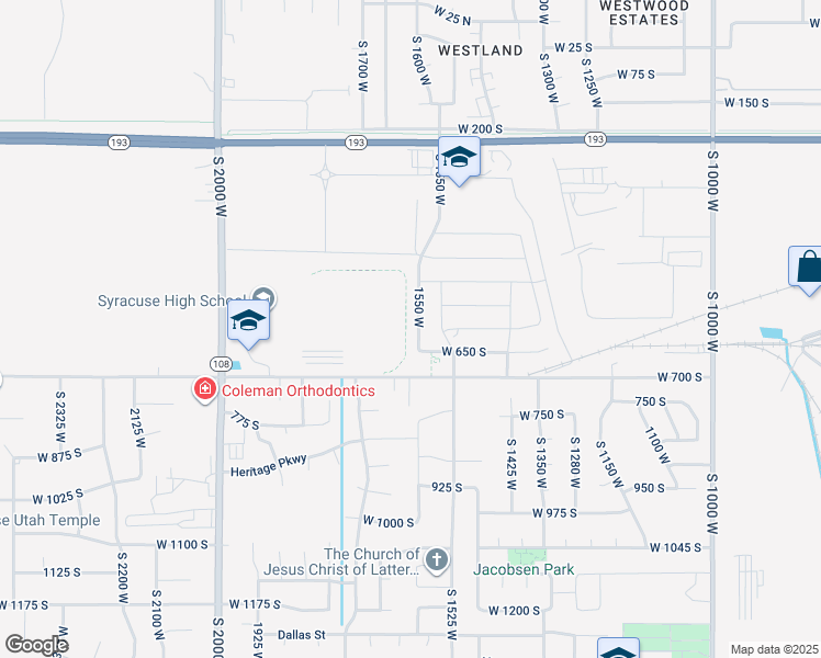 map of restaurants, bars, coffee shops, grocery stores, and more near 602 South 1550 West in Syracuse