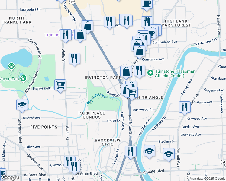 map of restaurants, bars, coffee shops, grocery stores, and more near 226 Irvington Drive in Fort Wayne