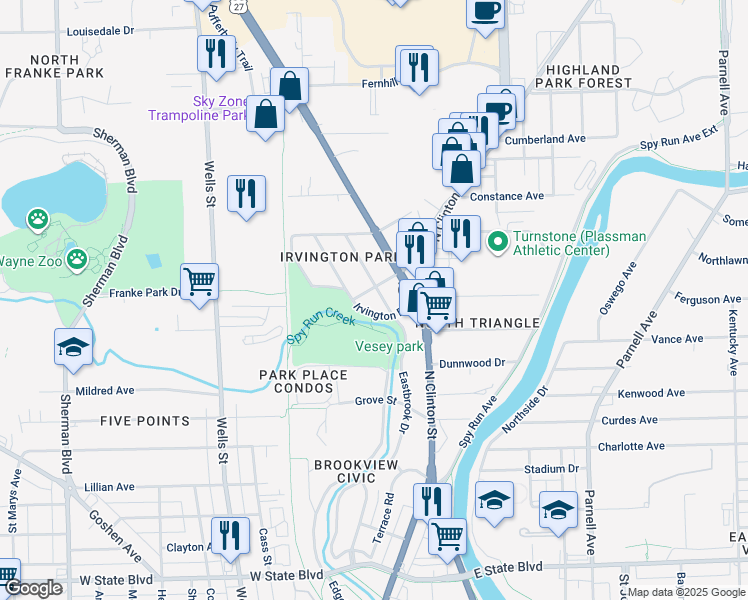 map of restaurants, bars, coffee shops, grocery stores, and more near 226 Irvington Drive in Fort Wayne