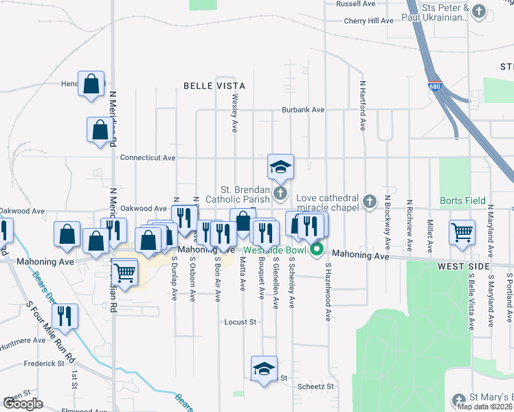 map of restaurants, bars, coffee shops, grocery stores, and more near 36 North Glenellen Avenue in Youngstown
