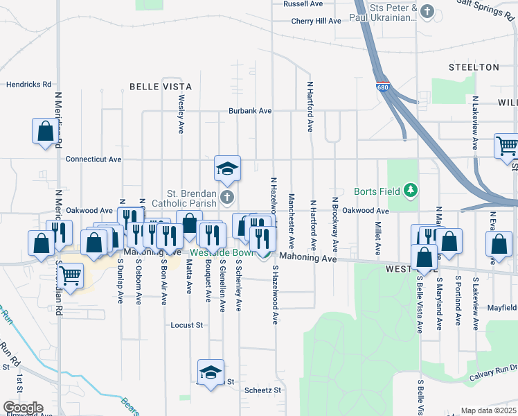 map of restaurants, bars, coffee shops, grocery stores, and more near 2624 Oakwood Avenue in Youngstown