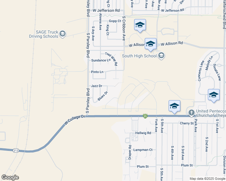 map of restaurants, bars, coffee shops, grocery stores, and more near 1515 Jazz Drive in Cheyenne