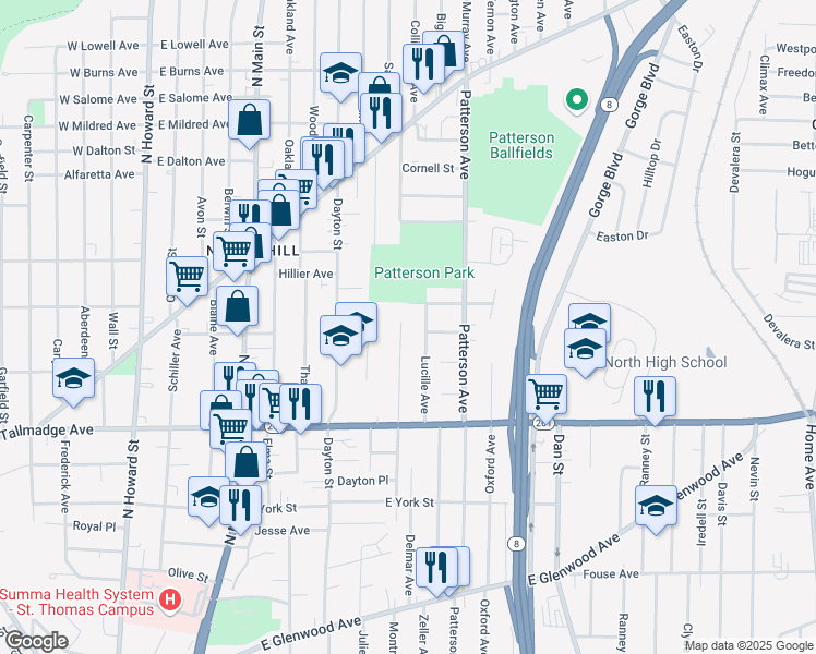 map of restaurants, bars, coffee shops, grocery stores, and more near 725 Columbia Avenue in Akron