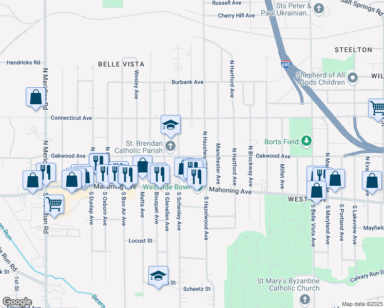 map of restaurants, bars, coffee shops, grocery stores, and more near 2628 Oakwood Avenue in Youngstown
