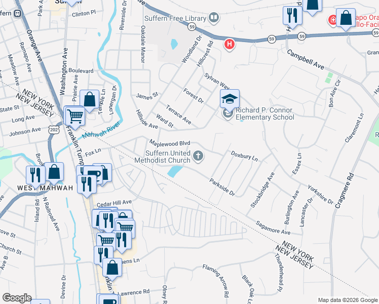 map of restaurants, bars, coffee shops, grocery stores, and more near 18 Parkside Drive in Suffern
