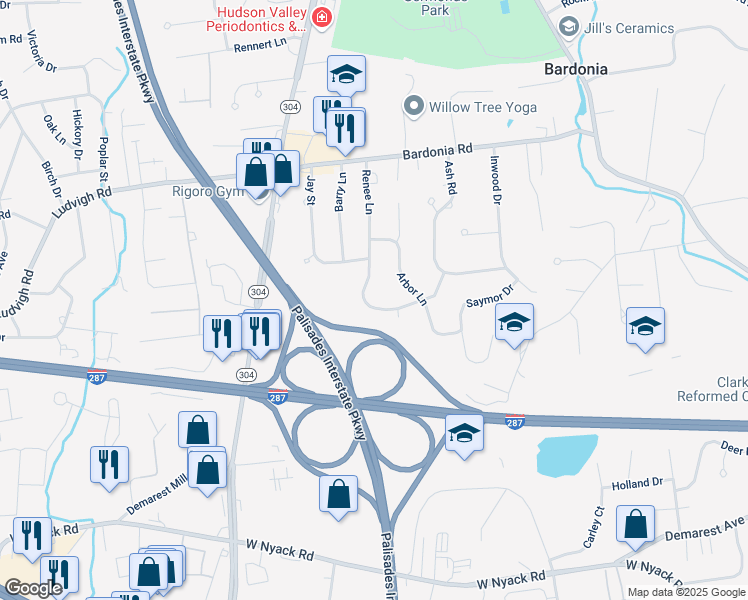 map of restaurants, bars, coffee shops, grocery stores, and more near 116 Renee Lane in Bardonia
