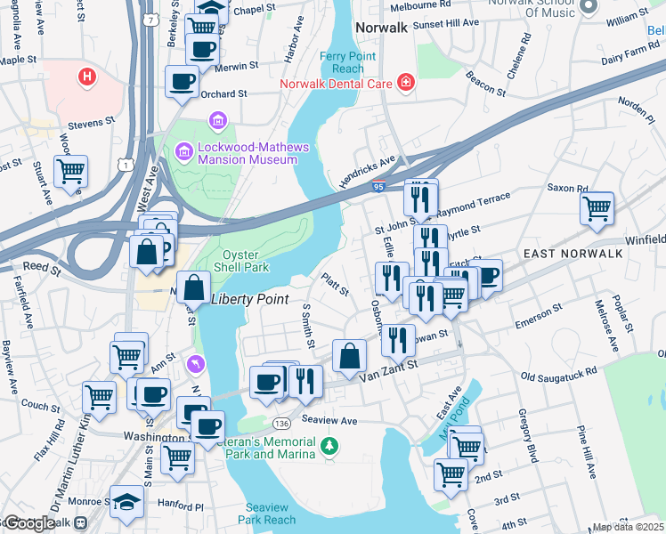 map of restaurants, bars, coffee shops, grocery stores, and more near 16 Platt Street in Norwalk