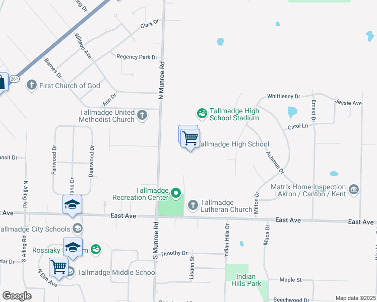 map of restaurants, bars, coffee shops, grocery stores, and more near 140 North Munroe Road in Tallmadge
