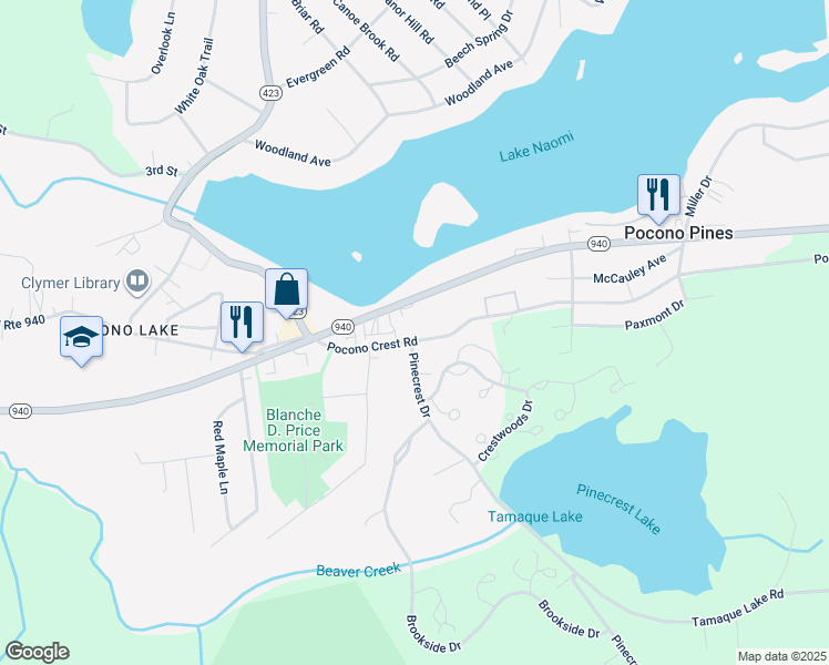 map of restaurants, bars, coffee shops, grocery stores, and more near 5145 Pocono Crest Road in Pocono Pines