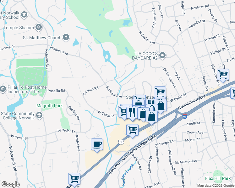 map of restaurants, bars, coffee shops, grocery stores, and more near 7 Kellee Court in Norwalk