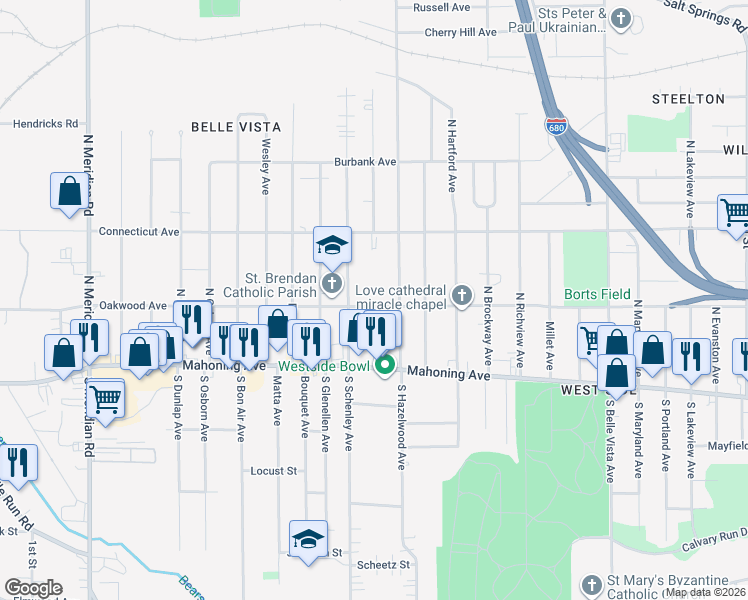 map of restaurants, bars, coffee shops, grocery stores, and more near 2628 Oakwood Avenue in Youngstown