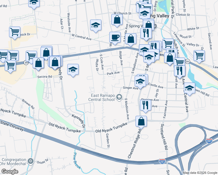 map of restaurants, bars, coffee shops, grocery stores, and more near 112 Rock Hill Road in Spring Valley
