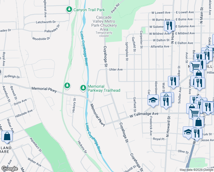 map of restaurants, bars, coffee shops, grocery stores, and more near 271 Spaulding Court in Akron