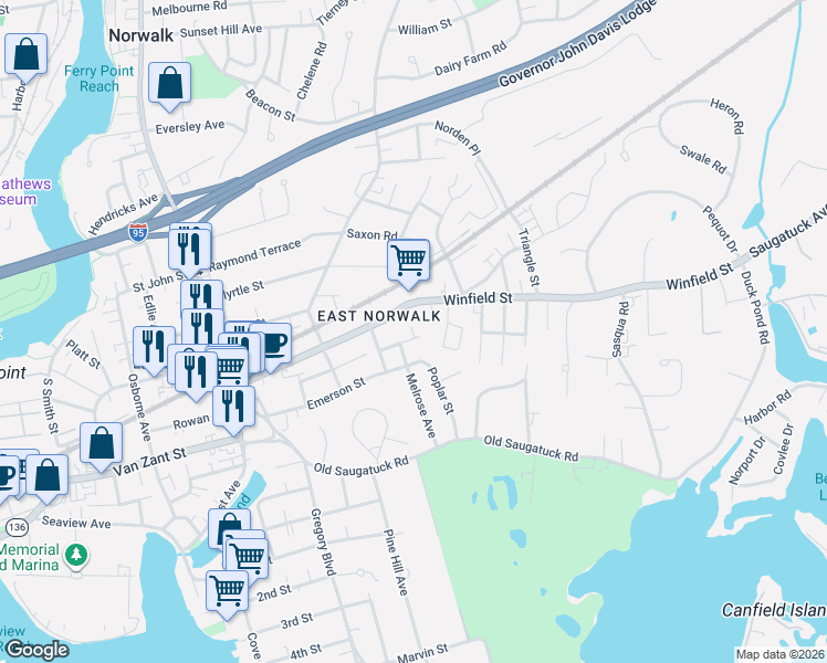 map of restaurants, bars, coffee shops, grocery stores, and more near 5 Poplar Street in Norwalk