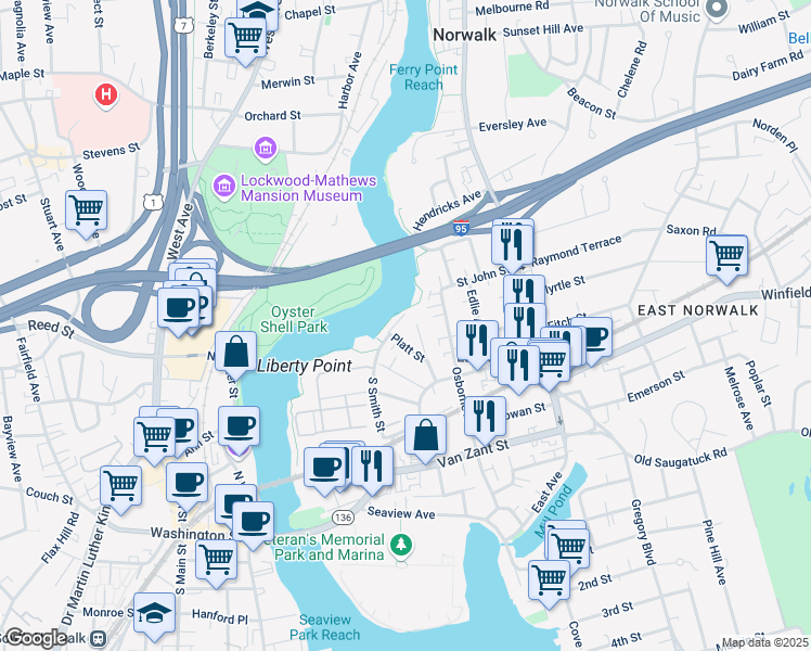 map of restaurants, bars, coffee shops, grocery stores, and more near 13 Platt Street in Norwalk
