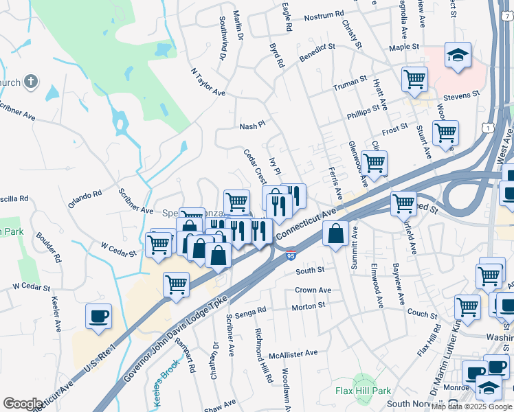 map of restaurants, bars, coffee shops, grocery stores, and more near 151 West Cedar Street in Norwalk