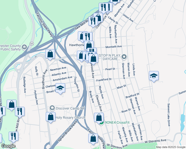 map of restaurants, bars, coffee shops, grocery stores, and more near 4 Milford Street in Hawthorne