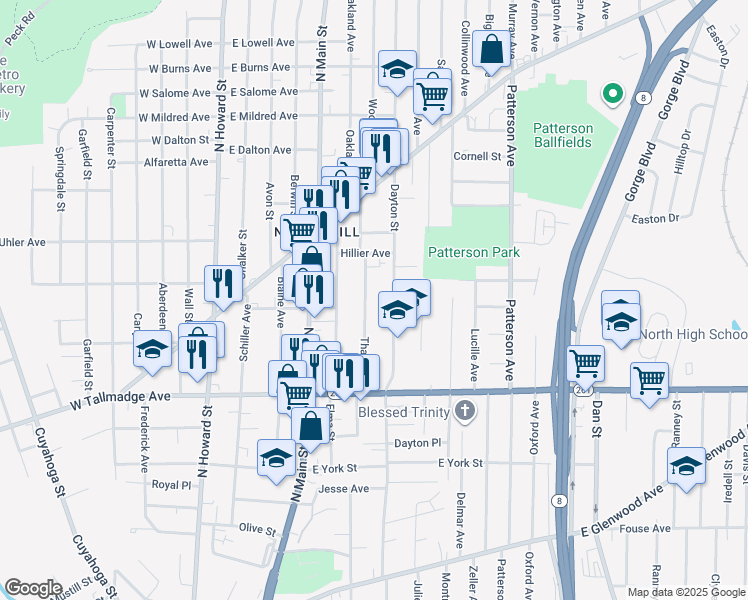 map of restaurants, bars, coffee shops, grocery stores, and more near 702 Thayer Street in Akron
