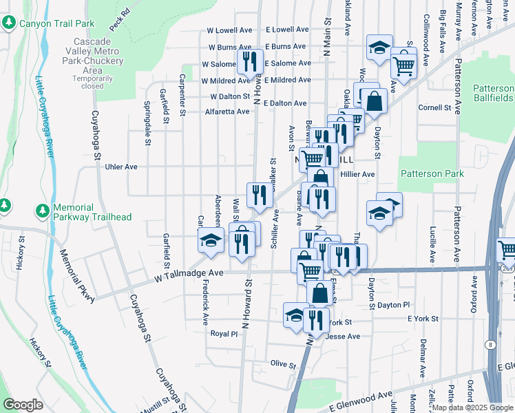 map of restaurants, bars, coffee shops, grocery stores, and more near 10 East Cuyahoga Falls Avenue in Akron
