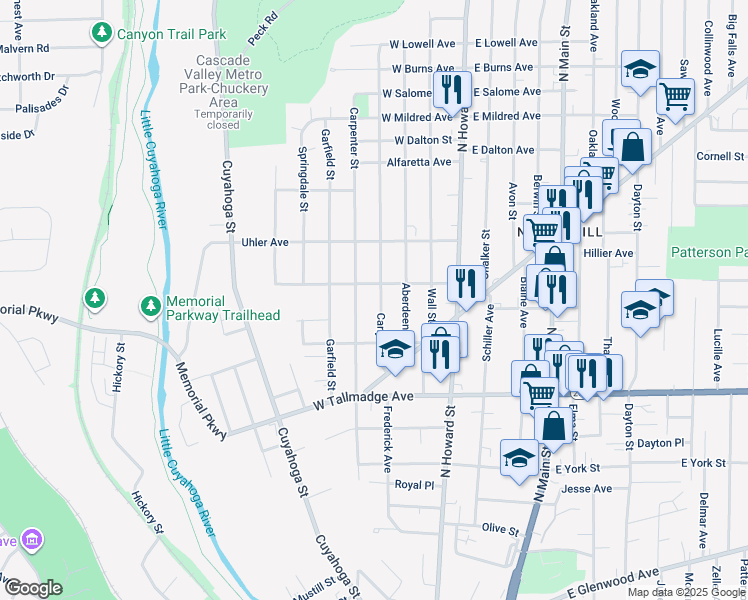 map of restaurants, bars, coffee shops, grocery stores, and more near 703 Carpenter Street in Akron