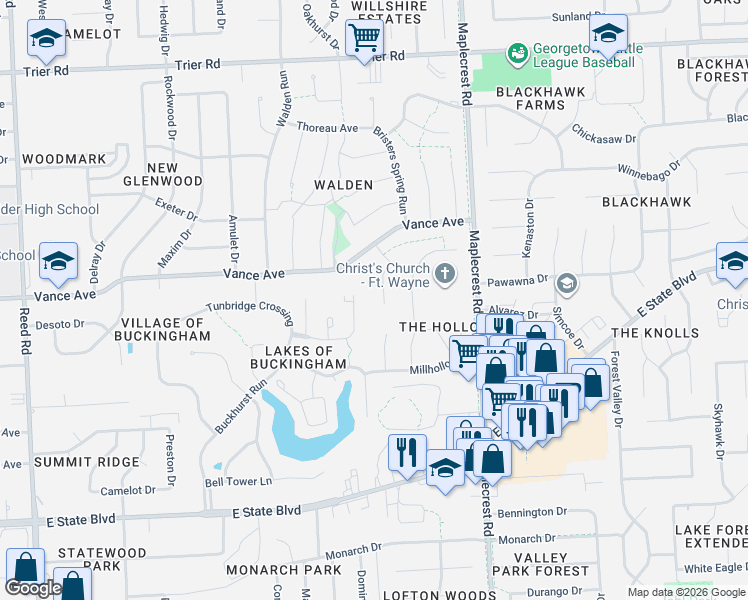 map of restaurants, bars, coffee shops, grocery stores, and more near 2923 Arch Tree Pl in Fort Wayne
