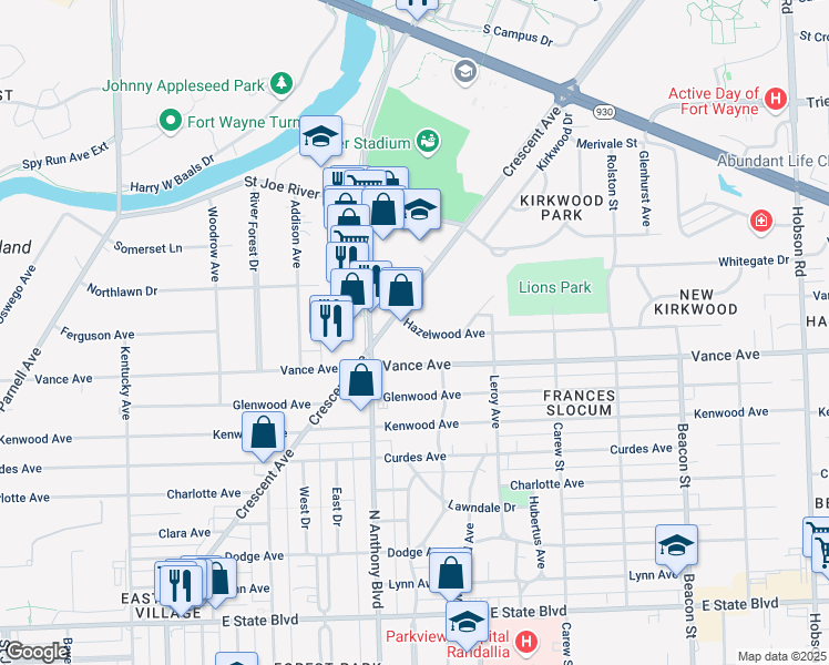 map of restaurants, bars, coffee shops, grocery stores, and more near 1829 Vance Avenue in Fort Wayne