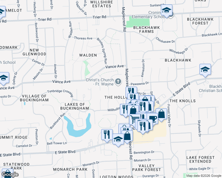 map of restaurants, bars, coffee shops, grocery stores, and more near 2921 Old Willow Place in Fort Wayne