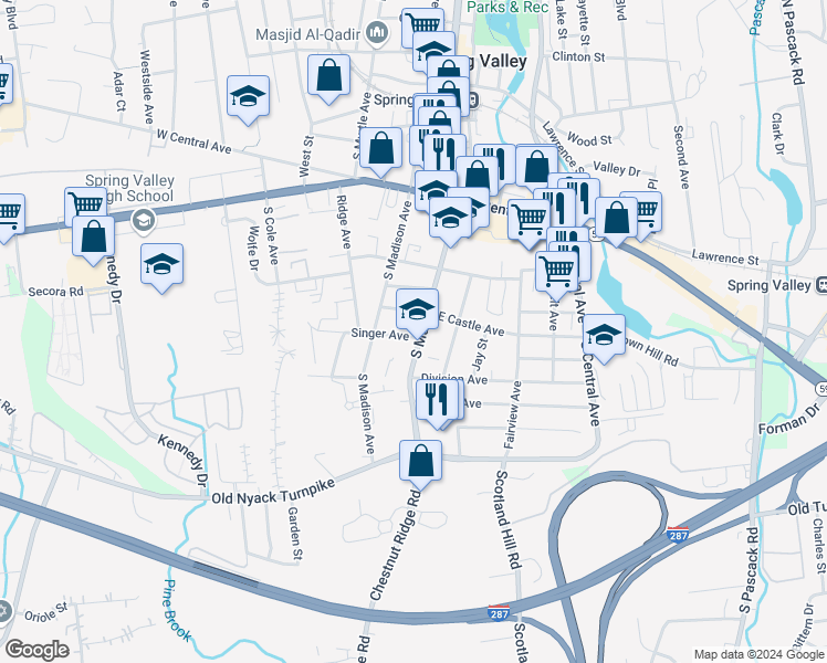 map of restaurants, bars, coffee shops, grocery stores, and more near 87 South Main Street in Spring Valley
