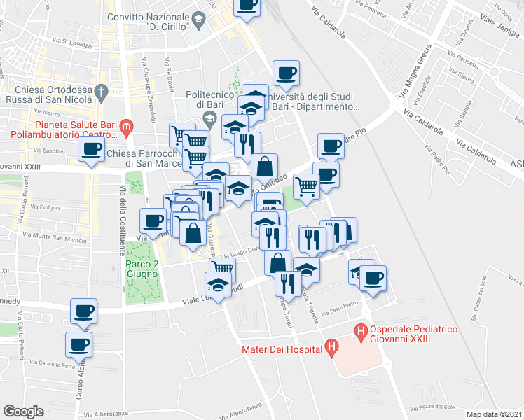 map of restaurants, bars, coffee shops, grocery stores, and more near Via Gaetano Salvemini in Bari