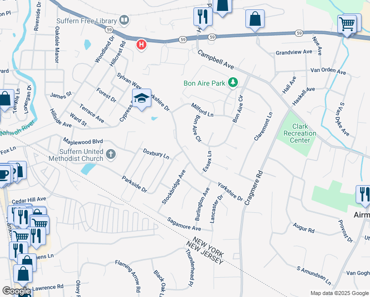 map of restaurants, bars, coffee shops, grocery stores, and more near 46 Yorkshire Drive in Suffern