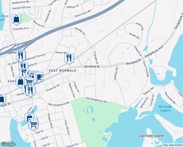 map of restaurants, bars, coffee shops, grocery stores, and more near 13 Amundsen Street in Norwalk